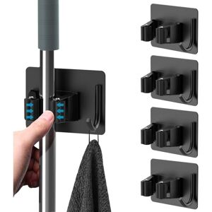 WOIYIC 4-Piece Broom Holder, Self-Adhesive Wall-Mounted Broom Holder without Drilling, Mop Holder with Hooks for Kitchen, Bathroom, Garden, Black WOIYIC 4-Piece Broom Holder, Self-Adhesive Wall-Mounted Broom Holder without Drilling, Mop Holder with Hooks for Kitchen, Bathroom, Garden, Black