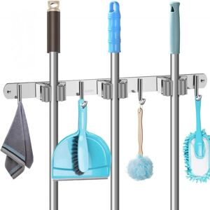 Aiperq - 304 Stainless Steel Wall Mounted Broom Holder, Wall Mounted Broom Holder with 3 Slots and 4 Hooks, Removable Wall Mounted Broom Holder, No Aiperq - 304 Stainless Steel Wall Mounted Broom Holder, Wall Mounted Broom Holder with 3 Slots and 4 Hooks, Removable Wall Mounted Broom Holder, No