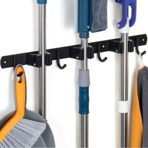 Black wall-mounted broom holder, wall-mounted broom holder with 3 brackets and 4 hooks, wall-mounted broom holder without drilling, wall-mounted Black wall-mounted broom holder, wall-mounted broom holder with 3 brackets and 4 hooks, wall-mounted broom holder without drilling, wall-mounted