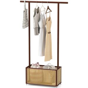 COSTWAY Bamboo Clothes Rack Coat Hanger Stand with Rattan Storage Basket-Brown COSTWAY Bamboo Clothes Rack Coat Hanger Stand with Rattan Storage Basket-Brown