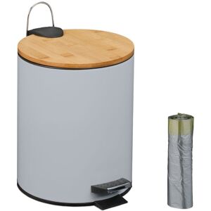 Relaxdays Bathroom Pedal Bin, 5L, Soft-Close Lid, Removable Inner Bucket, Metal, Bamboo Lid, Sanitary Disposal, Grey Relaxdays Bathroom Pedal Bin, 5L, Soft-Close Lid, Removable Inner Bucket, Metal, Bamboo Lid, Sanitary Disposal, Grey