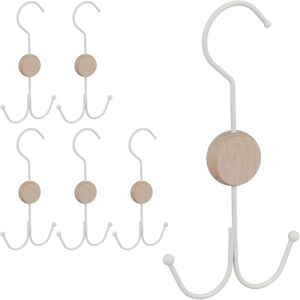 Relaxdays Set of 6 Belt Holders, 2 Hooks each for Bags, Ties etc., Wardrobe Organiser, Metal, Wood, 21.5x11x1.5cm, White Relaxdays Set of 6 Belt Holders, 2 Hooks each for Bags, Ties etc., Wardrobe Organiser, Metal, Wood, 21.5x11x1.5cm, White