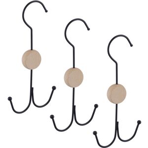 Relaxdays Set of 3 Belt Holder, 2 Hooks each for Bags, Ties etc., Wardrobe Organiser, Metal, Wood, 21.5x11x1.5cm, Black Relaxdays Set of 3 Belt Holder, 2 Hooks each for Bags, Ties etc., Wardrobe Organiser, Metal, Wood, 21.5x11x1.5cm, Black