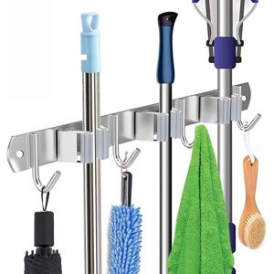 Stainless steel wall-mounted broom and mop holder - with 3 clips and 4 hooks - storage rack for brooms and mops Stainless steel wall-mounted broom and mop holder - with 3 clips and 4 hooks - storage rack for brooms and mops