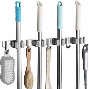 WOIYIC Stainless Steel Wall Mounted Broom Holder Wall Mounted Broom Hanger with 4 Slots and 5 Hooks for Kitchen, Bathroom, Garage and Garden, Grey WOIYIC Stainless Steel Wall Mounted Broom Holder Wall Mounted Broom Hanger with 4 Slots and 5 Hooks for Kitchen, Bathroom, Garage and Garden, Grey