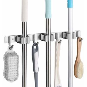 TEHTUY Stainless Steel Wall-Mounted Broom Holder, Wall-Mounted Broom Rack with 3 Slots and 4 Hooks for Kitchen, Bathroom, Garage and Garden - Grey TEHTUY Stainless Steel Wall-Mounted Broom Holder, Wall-Mounted Broom Rack with 3 Slots and 4 Hooks for Kitchen, Bathroom, Garage and Garden - Grey