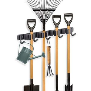 Wall-mounted broom holder - 4 brackets + 5 hooks - black - no drilling required - broom storage - wall-mounted broom holder Wall-mounted broom holder - 4 brackets + 5 hooks - black - no drilling required - broom storage - wall-mounted broom holder