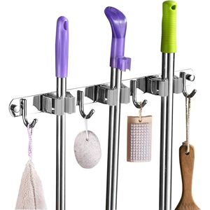 WOIYIC Wall Mounted Broom Holder - Stainless Steel Broom Hanger, Storage Hanger Holder for Kitchen, Laundry Room, Garage (3 Slots and 4 Hooks, Grey) - WOIYIC Wall Mounted Broom Holder - Stainless Steel Broom Hanger, Storage Hanger Holder for Kitchen, Laundry Room, Garage (3 Slots and 4 Hooks, Grey) -