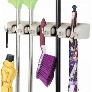 SNQ Wall Mounted Broom Holder with 5 Compartments and 6 Hooks for Kitchen, Bathroom, Garage and Garden, Grey SNQ Wall Mounted Broom Holder with 5 Compartments and 6 Hooks for Kitchen, Bathroom, Garage and Garden, Grey