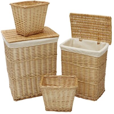 JVL - Acacia Set of 2 Rectangular Laundry Willow Baskets with 2 Waste Paper Baskets, Honey Finish JVL - Acacia Set of 2 Rectangular Laundry Willow Baskets with 2 Waste Paper Baskets, Honey Finish