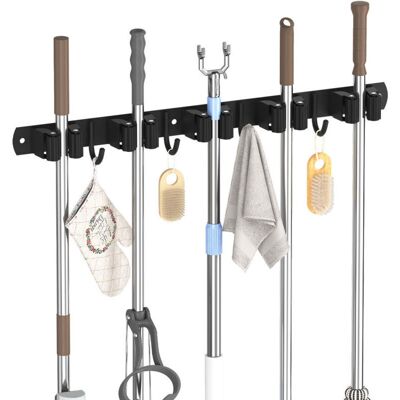 Odipie - Broom holder Wall mounted mop holder with hooks with 5 slots and 4 hooks Odipie - Broom holder Wall mounted mop holder with hooks with 5 slots and 4 hooks