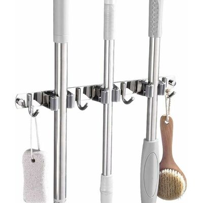 Hoopzi - Broom Mop Stainless Steel Holder Wall Mounted, for Kitchen,Garden, Garage, Office, Laundry Bathroom (3 Racks 4 Hooks) Hoopzi - Broom Mop Stainless Steel Holder Wall Mounted, for Kitchen,Garden, Garage, Office, Laundry Bathroom (3 Racks 4 Hooks)