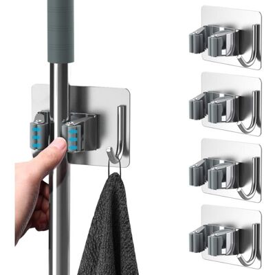 CCYKXA 4-Piece Broom Holder, Self-Adhesive Wall-Mounted Broom Holder without Drilling, Mop Holder with Hooks for Kitchen, Bathroom, Garden, Silver CCYKXA 4-Piece Broom Holder, Self-Adhesive Wall-Mounted Broom Holder without Drilling, Mop Holder with Hooks for Kitchen, Bathroom, Garden, Silver