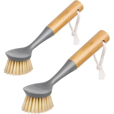 TEHTUY Dish brush with integrated bamboo handle scraper, floor brush for cleaning dishes, pots, kitchen sinks, set of 2 (grey) TEHTUY Dish brush with integrated bamboo handle scraper, floor brush for cleaning dishes, pots, kitchen sinks, set of 2 (grey)