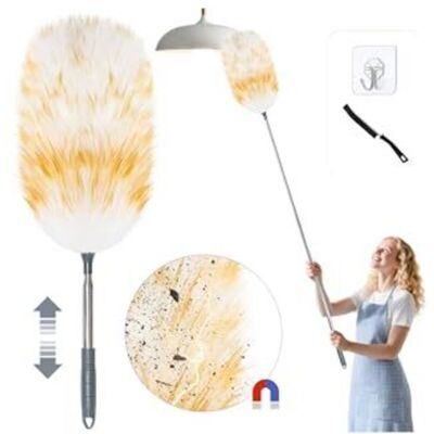 TEHTUY High-quality lambswool duster, telescopic, washable, extendable up to approximately 130 cm – electrostatic dust extraction for ceilings and sensitive TEHTUY High-quality lambswool duster, telescopic, washable, extendable up to approximately 130 cm – electrostatic dust extraction for ceilings and sensitive