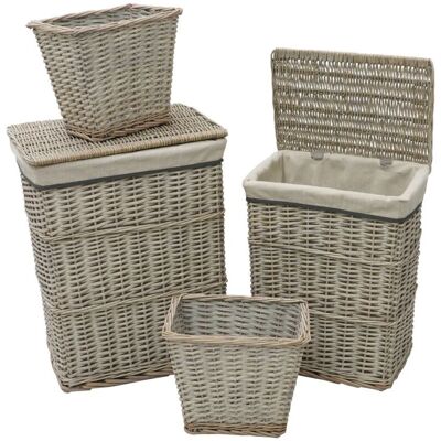 JVL - Arianna Set of 2 Rectangular Laundry Willow Baskets with 2 Waste Paper Baskets, Grey Wash JVL - Arianna Set of 2 Rectangular Laundry Willow Baskets with 2 Waste Paper Baskets, Grey Wash