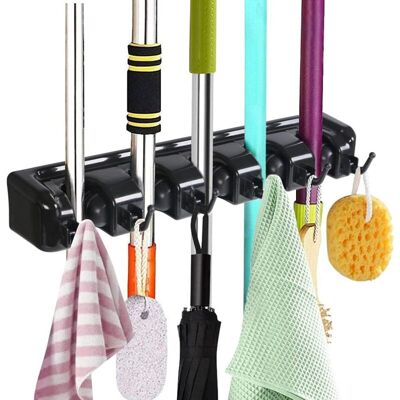 Memkey - Multifunctional Wall Broom Holder, Clothes Hanger Holder with 5 Slots and 6 Hooks for Your Kitchen, Garage, Laundry Room - Free Screw Turning Memkey - Multifunctional Wall Broom Holder, Clothes Hanger Holder with 5 Slots and 6 Hooks for Your Kitchen, Garage, Laundry Room - Free Screw Turning