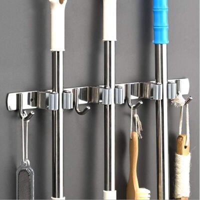 XVX Stainless Steel Wall-mounted Broom Holder – Storage Rack For Kitchen, Garage And Laundry Room With 3 Slots And 4 Hooks XVX Stainless Steel Wall-mounted Broom Holder – Storage Rack For Kitchen, Garage And Laundry Room With 3 Slots And 4 Hooks