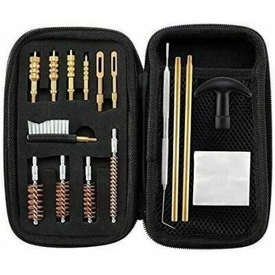AIPERQ Universal cleaning kit for .22, .357, .38, 9mm, .45 caliber pistols, including bronze brushes and a brass adapter. AIPERQ Universal cleaning kit for .22, .357, .38, 9mm, .45 caliber pistols, including bronze brushes and a brass adapter.