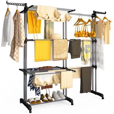 VOUNOT 4 Tier Large Retractable Clothes Airer w/ Wings, 190×64×170cm, Black Grey VOUNOT 4 Tier Large Retractable Clothes Airer w/ Wings, 190×64×170cm, Black Grey