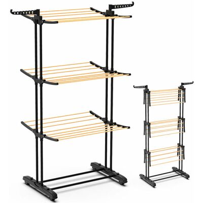 VOUNOT Foldable 3 Tier Clothes Airer, Hang Clothes Dryer, 3 Levels Drying Rack with Wheels, Wooden Style VOUNOT Foldable 3 Tier Clothes Airer, Hang Clothes Dryer, 3 Levels Drying Rack with Wheels, Wooden Style
