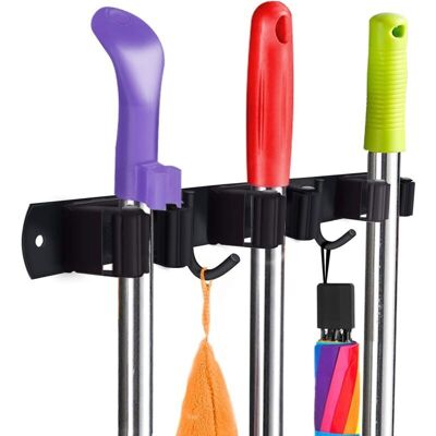 SNQ Wall-Mounted Broom and Mop Holder - Heavy-Duty Stainless Steel Bracket with Utility Hooks, Adjustable Design and Multiple Storage Options for Laundry SNQ Wall-Mounted Broom and Mop Holder - Heavy-Duty Stainless Steel Bracket with Utility Hooks, Adjustable Design and Multiple Storage Options for Laundry