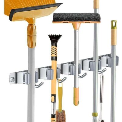 TEHTUY Wall-Mounted Broom Holder, Stainless Steel Broom Rack, Storage Hanger for Kitchen, Laundry Room, Garage Organization (5 Slots and 4 Hooks) TEHTUY Wall-Mounted Broom Holder, Stainless Steel Broom Rack, Storage Hanger for Kitchen, Laundry Room, Garage Organization (5 Slots and 4 Hooks)