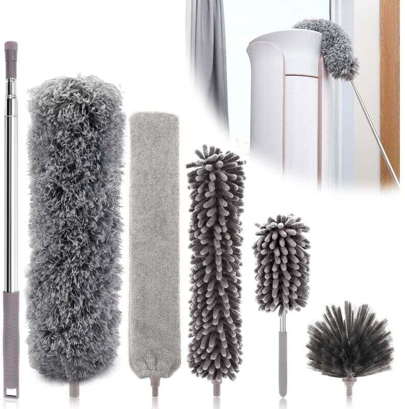 Mumu - 6-piece telescopic duster, wolf head length 25–252 cm, washable microfiber duster, spider web broom, various telescopic dusters for ceilings,
