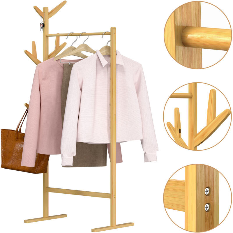 2-in-1 Wooden Coat Stand Bamboo Display Rack with 8 Hooks Versatile Hallway Clothes Hanger Free-Standing Jacket, Hat & Handbag Organiser - Casaria