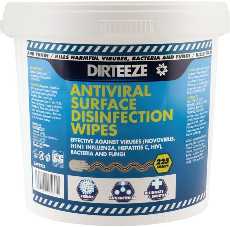 Kaiserkraft - Dirteeze Antiviral & Disinfecting Surface Wipes, Bucket of 225 Sheets