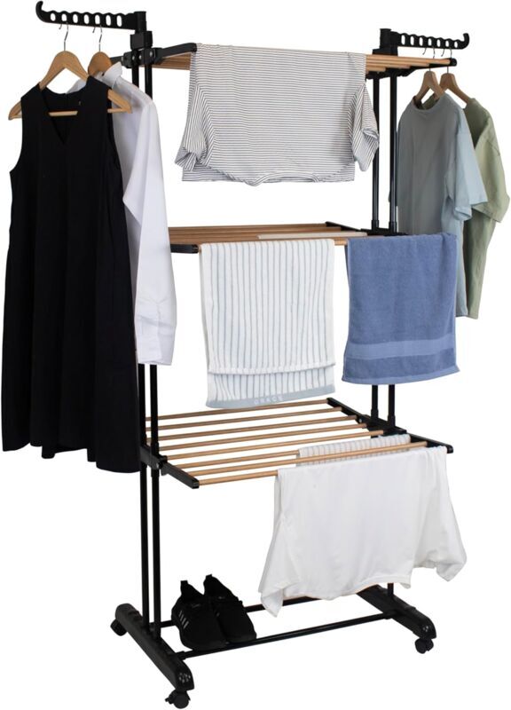 HYFIVE Clothes Airer Clothes Drying Rack Extra Large 4 Tier Clothes Horse Drying Rail Stainless Steel Garment Laundry Clothes Dryer Racks Wood Effect