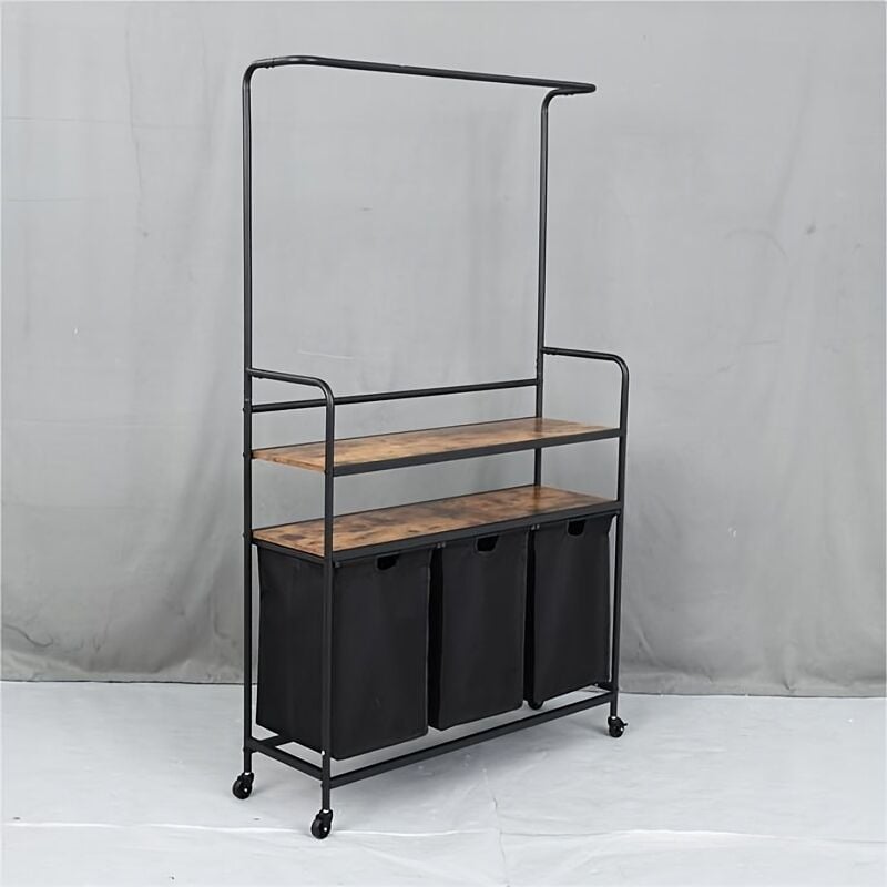 TLILY Laundry Basket 3 Section, Laundry Hamper Laundry Sorter with Shelves and Clothes Hanging Bar, Rolling 3 Compartment ,3 × 11.5 Gal (47L)