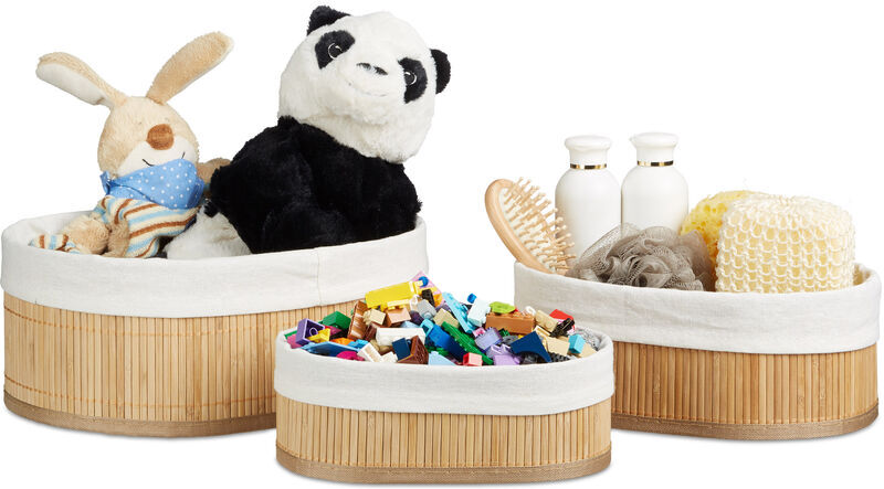 Bamboo Set of Shelf Baskets, 12.5 x 32 x 22 cm, Oval, 3 Storage Bins, for Closets and Shelves, Brown - Relaxdays