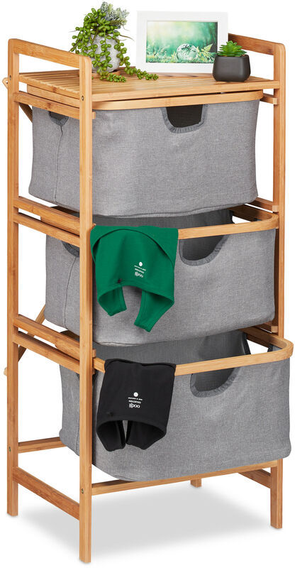 Relaxdays Bathroom Storage Unit Bamboo, 3 Removable Drawers, Laundry Sorter, HWD: 96x44x34.5 cm, Natural/Grey