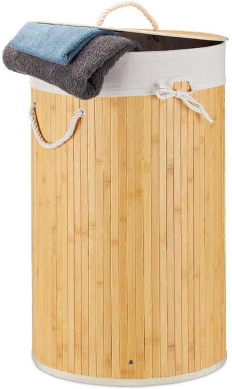 Relaxdays - 2x Bamboo Laundry Baskets, Foldable Hamper with Lid, 70L, Cotton Bag and Side Handles, HxØ: 65 x 41 cm, Cream