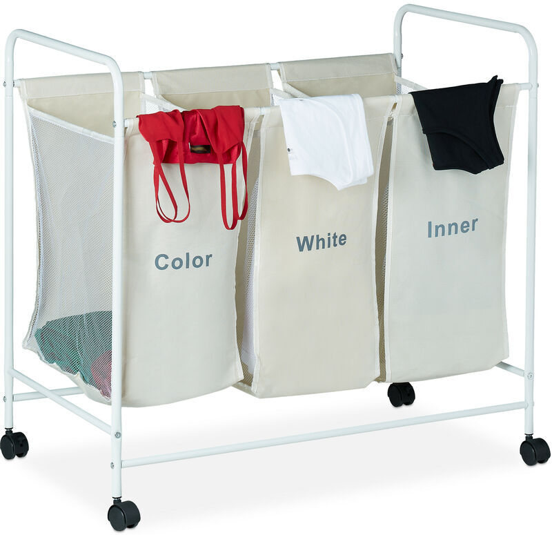 Laundry Sorter with 3 Labelled Compartments, Casters with Brakes, 100L Capacity, HxWxD 76 x 80 x 46cm, Beige - Relaxdays