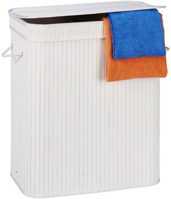 Relaxdays - 2x Bamboo Laundry Baskets, Rectangular Hamper, 2 Compartments, with Lid, foldable, 95l, 63x55x35 cm, White