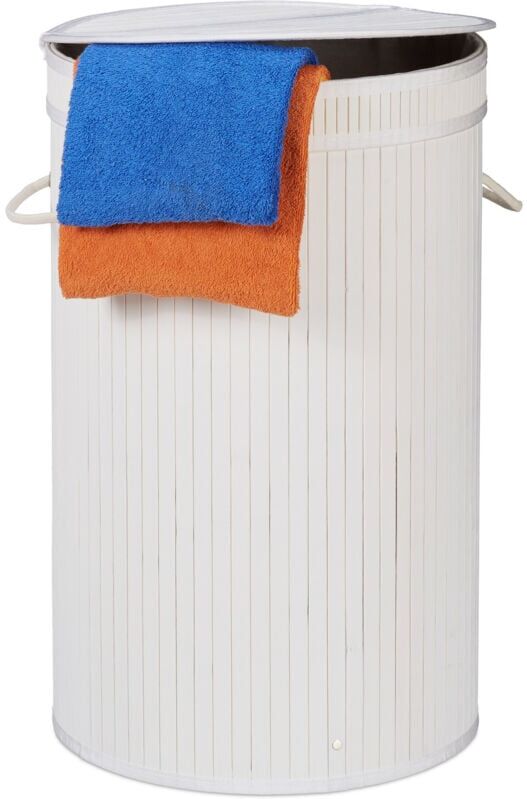 Relaxdays - 2x Bamboo Laundry Baskets, Round Hamper with Folding Lid, 65 l, Foldable Bin with Ventilation, ø 40cm, White