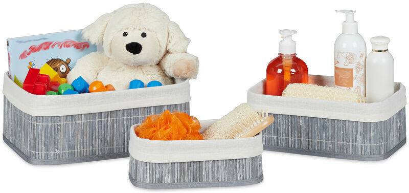 Storage Basket Set of 3, Fabric Lining, Bamboo, Rectangular, Bathroom Accessories, Toys, Grey - Relaxdays