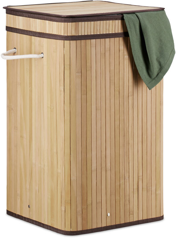Relaxdays - Natural Bamboo Pop-Up Laundry Hamper, Handle, Portable, 70 l Load, Square Laundry Bag, HxØ: 63 x 36 cm