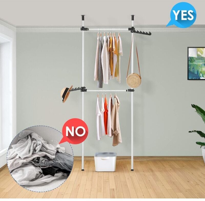 Youyijia Telescopic Clothes Rail, Heavy Duty Clothing Rack Adjustable Height 270-320cm Width 80-120cm Wardrobe Organizer Coat Hanger Garment Rack