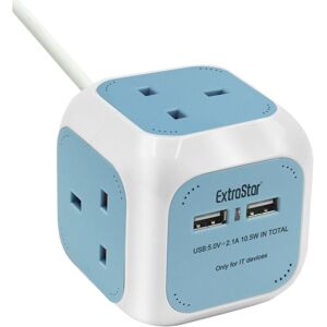 EXTRASTAR 4 Way Magic Cube Socket with Cable, 1.5M, Blue, with 2 USB Slot