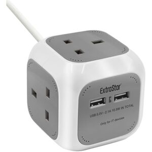 Extrastar - 4 Way Magic Cube Socket with Cable, 1.5M, Grey, with 2 usb slot