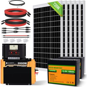 Eco-worthy - 720W 12V Solar Panel Kit Photovoltaic Off Grid System Plug & Play Caravan Home -120w x 6pc Kit With 2 x 100AH Lithium Battery