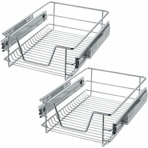 Tectake - 2 Sliding wire baskets with drawer slides - sliding wire basket, drawer slides, kitchen drawer runners - 40 cm - grey