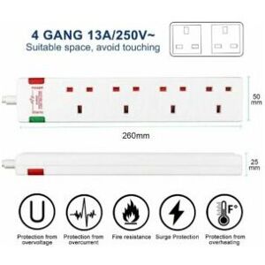 EXTRASTAR 4 Way Socket with Cable 3M, White, with Power Indicator, Child-Resistant Sockets, Surge Indicator