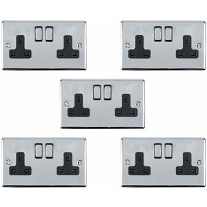 Loops - 5 pack 2 Gang Double uk Plug Socket polished chrome 13A Switched Black Trim