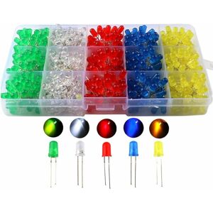 LANGRAY 500pcs x 5mm Light Emitting Diode, Diffused 2pin Round Color White / Red / Yellow / Green / Blue Kit Box (5 Colors x 100pcs)