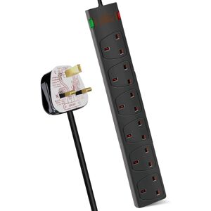 EXTRASTAR 6 Way Socket with Cable 2M, Black, with Power Indicator, Child-Resistant Sockets, Surge Indicator