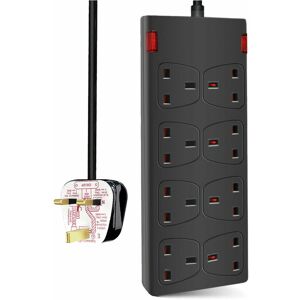 Extrastar - 8 Way Socket with Cable 2M, Black, with Power Indicator, Child-Resistant Sockets